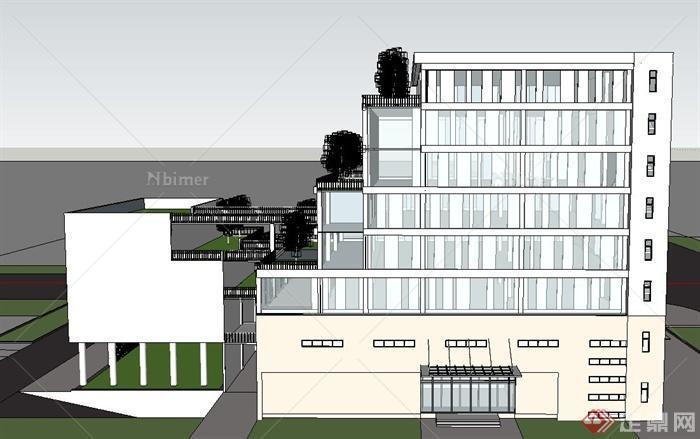 现代某七层梯凸形办公楼建筑设计SU模型