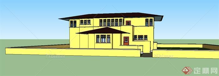 现代风格两层别墅带庭院建筑设计SU模型