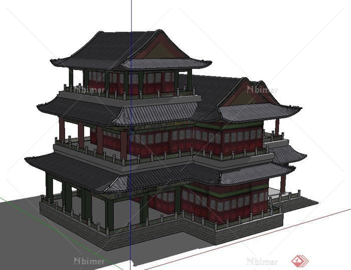 古典中式多层组合该建筑设计SU模型