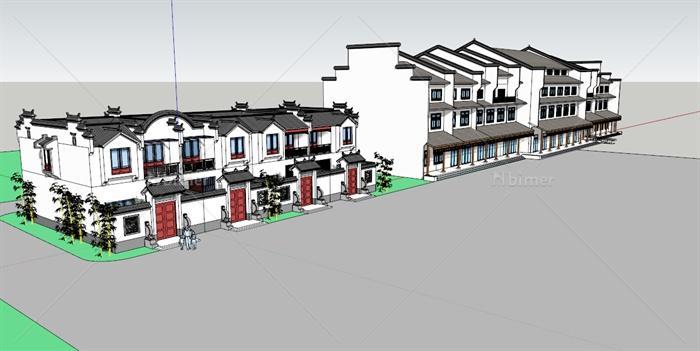 中式风格联排民居、沿街商铺建筑设计su模型[原创