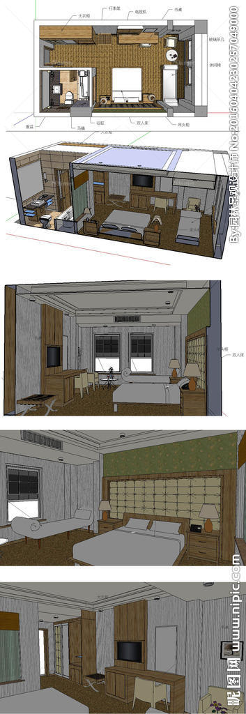 酒店标准间草图大师SU模型图片