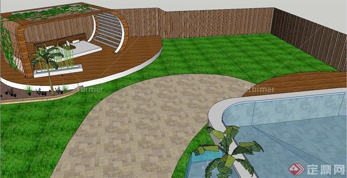 某日式风格酒店屋顶休闲泳池规划设计SU模型[原创