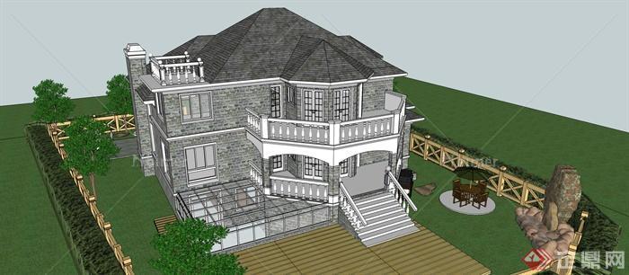 某欧式两层别墅住宅建筑设计SU模型