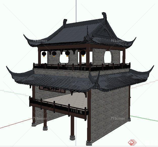 中式风格三层戏台建筑设计su模型