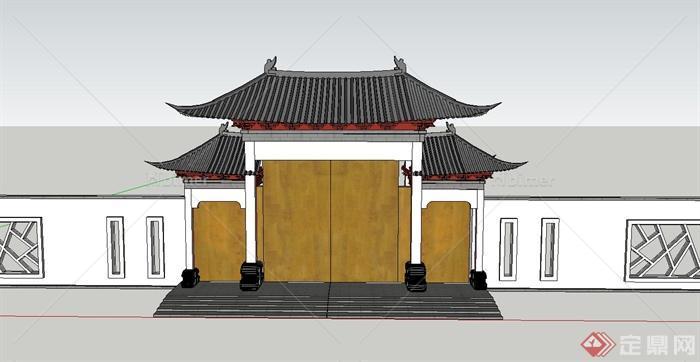 古典中式风格大门与围墙设计SU模型