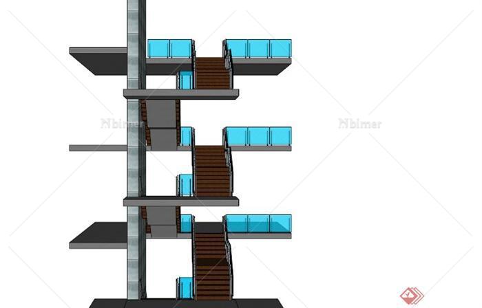 蓝色玻璃围栏木楼梯SU模型
