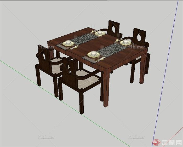 现代中式风格木质四人餐桌椅设计su模型