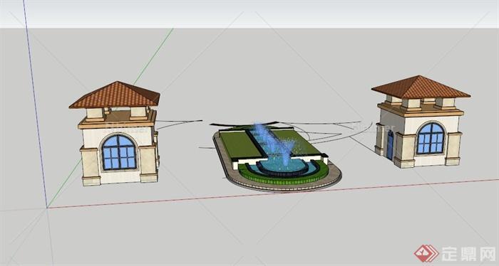某欧式小区喷泉水景大门入口SU模型