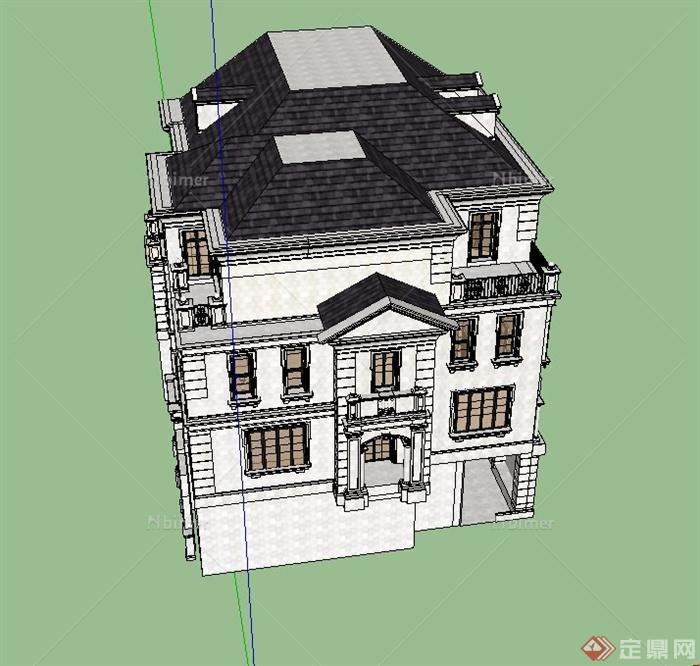 某欧式坡屋面四层别墅建筑设计SU模型