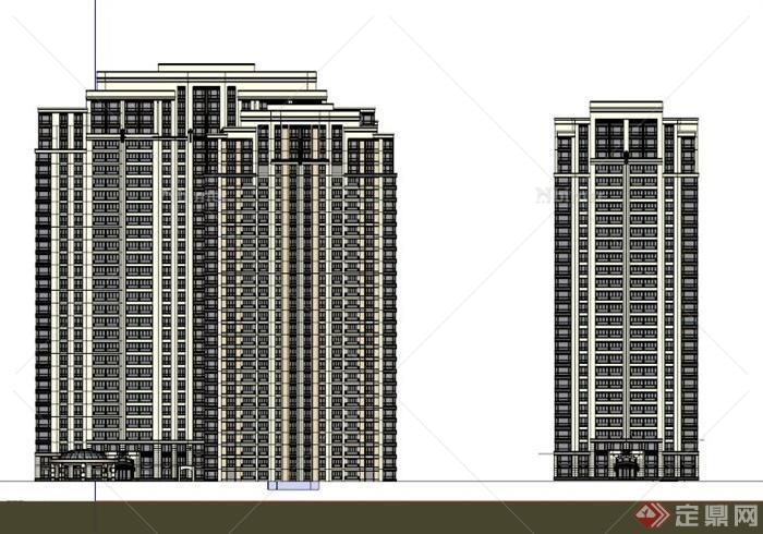 两栋新古典高层住宅建筑设计SU模型[原创]