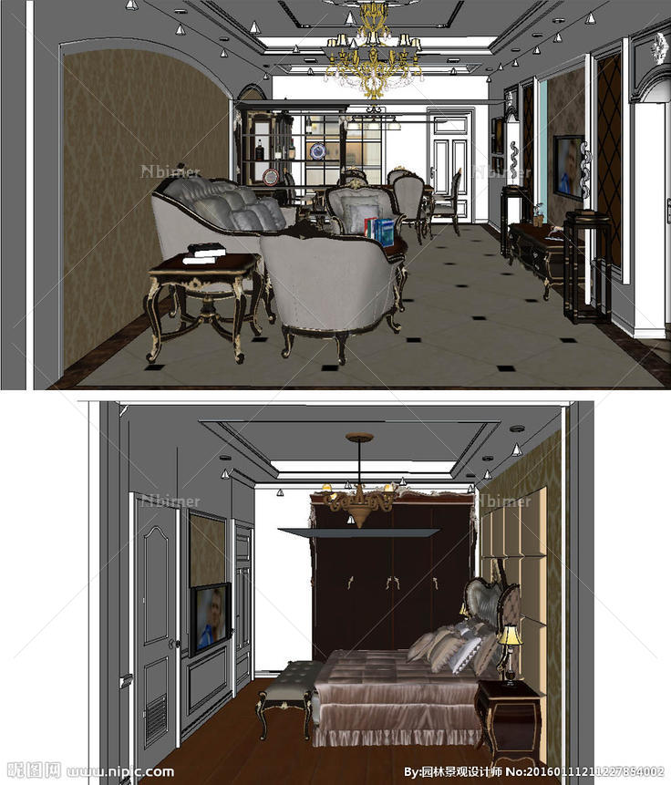 欧式客餐厅和卧室草图SU模型图片