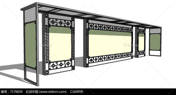 中式带广告牌指示牌公交车候车亭SU模型