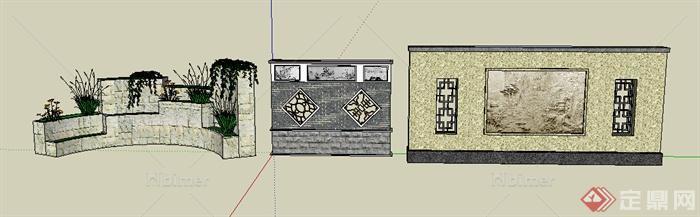 园林景观之中式景墙、弧形花坛设计方案SU模型[原
