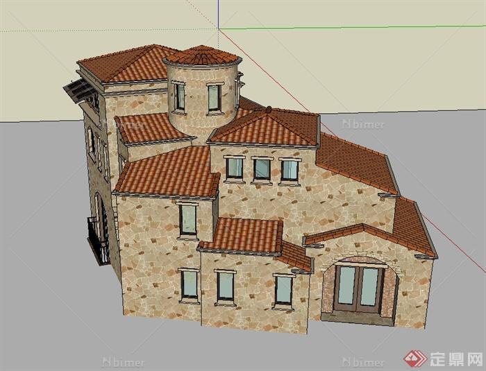 西班牙风格独特造型别墅建筑su模型[原创]