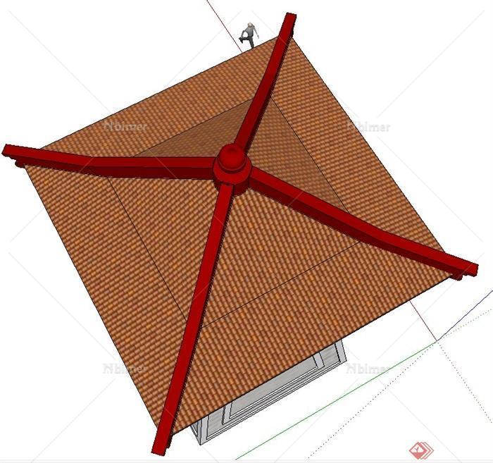 中式风格两层方形塔楼建筑设计SU模型