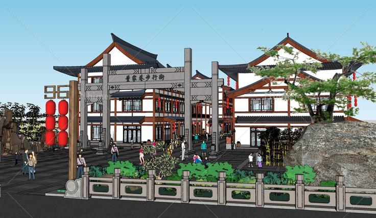 特色中式风格滨水步行街建筑sketchup模型(15667