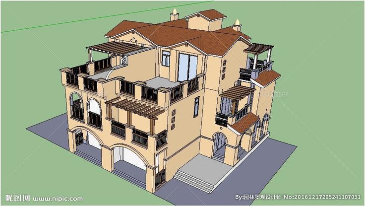 精致西班牙别墅SU草图模型图片