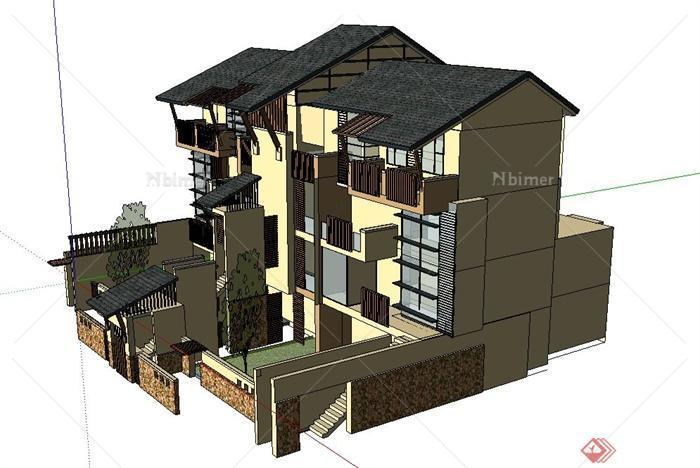 某三层联排住宅建筑设计SU模型