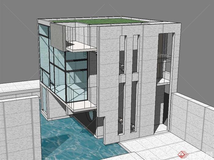 现代某两层玻璃别墅建筑设计SU模型