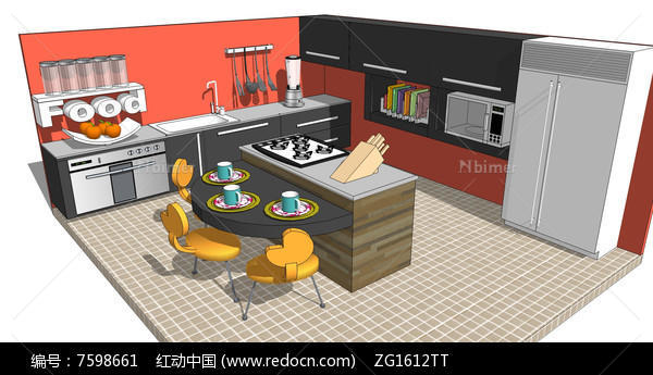 现代宽敞厨房休闲室模型SU