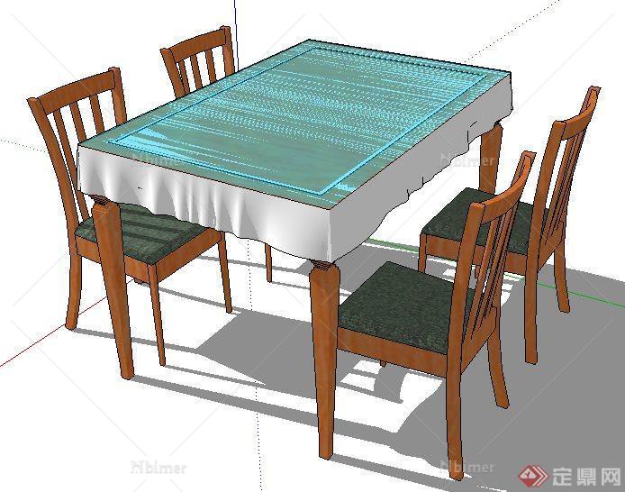 现代新中式木质四人座餐桌椅su模型