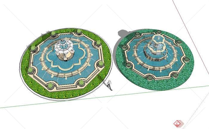 两个欧式喷泉水钵水景设计su模型[原创]