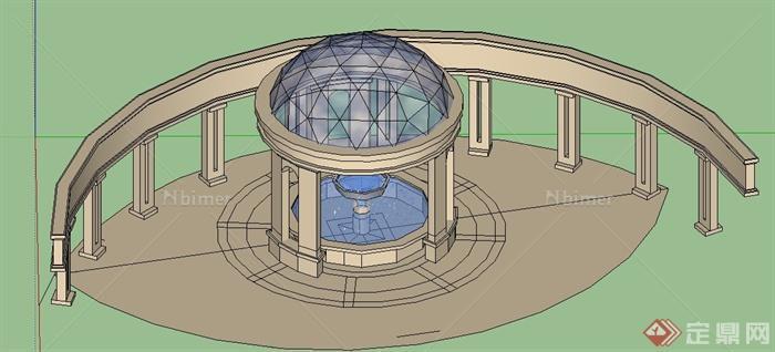 欧式风格喷泉圆顶亭及弧形廊su模型