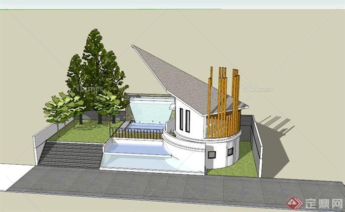 某现代私人庭院观光休闲塔建筑设计SU模型