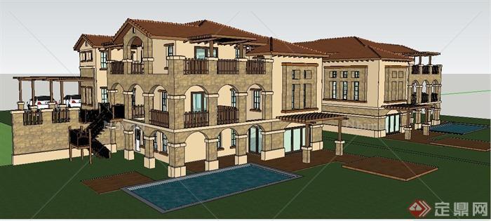 两栋对称式欧式别墅建筑设计su模型