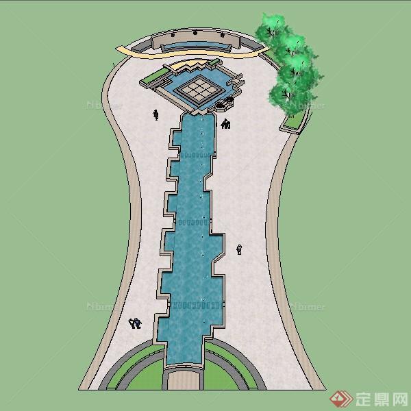某长方形喷水池喷泉水景设计SU模型素材