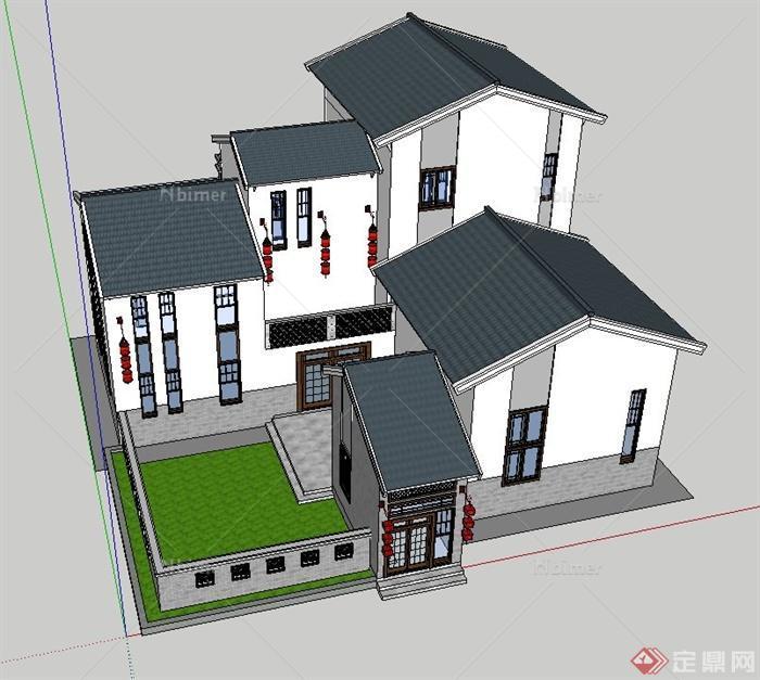 两栋中式别墅建筑设计SU模型