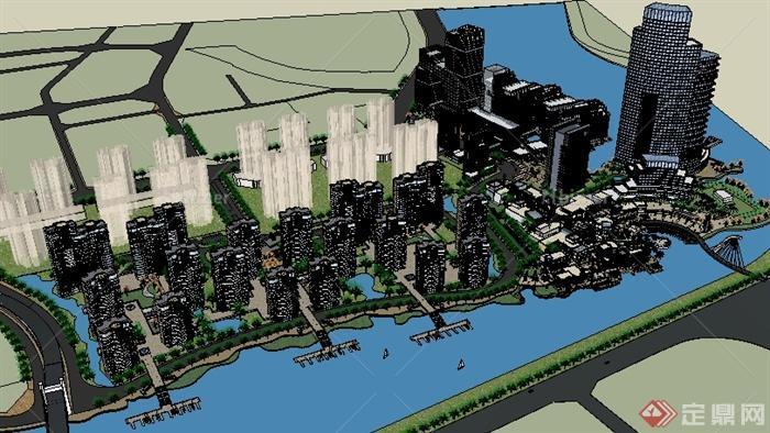 某现代滨水住宅商业办公综合建筑规划设计SU模型