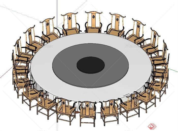 中式风格20人座圆形餐桌椅su模型