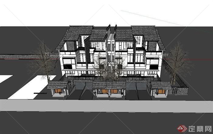 现代中式风格联排住宅别墅建筑设计su模型