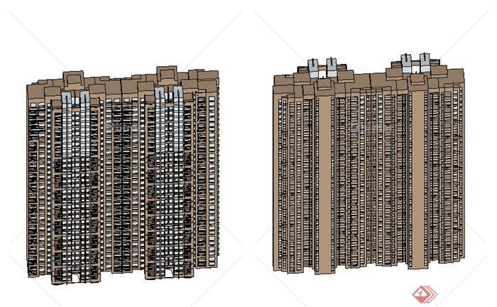 两栋现代高层公寓住宅楼建筑设计su模型[原创]