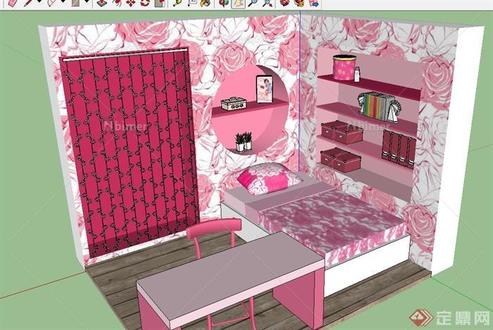 现代风格粉色儿童房间设计su模型[原创]