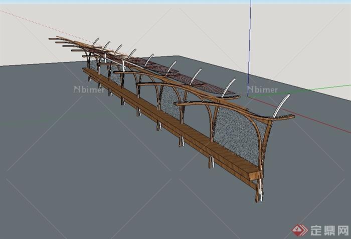 现代风格独特详细木质廊架设计su模型[原创]