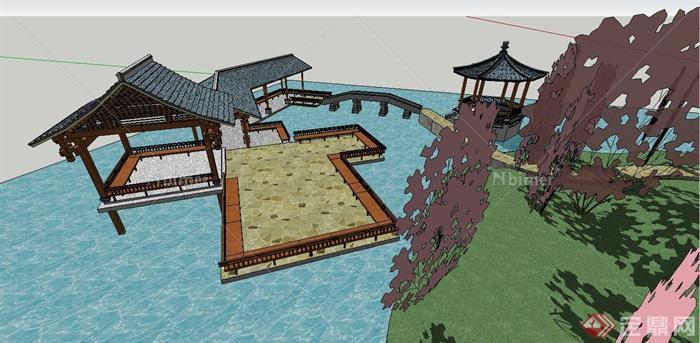 某古典中式滨水景观设计SU模型