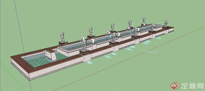现代中式喷水水池SU模型