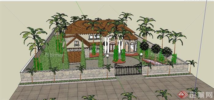 美式独栋别墅建筑设计su模型（含庭院花园）[原创