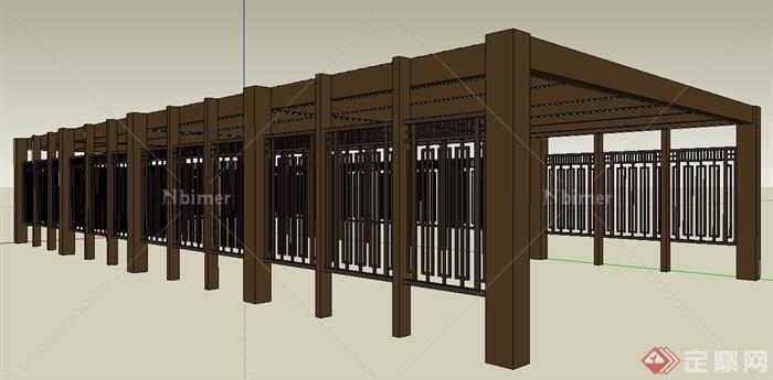 现代中式木制停车棚廊架设计su模型