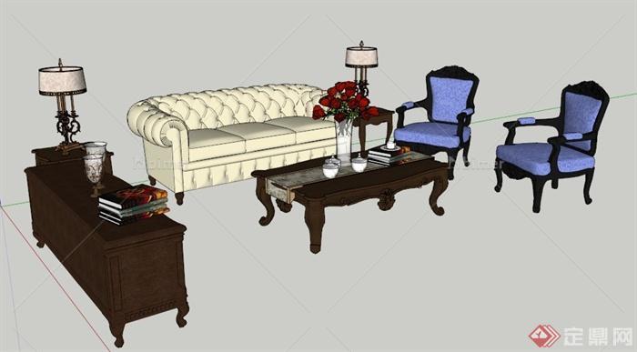 古典欧式风格沙发茶几组合su模型