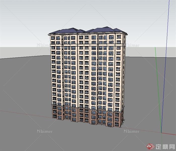 某现代风格精致详细完整高层住宅建筑SU模型[原创