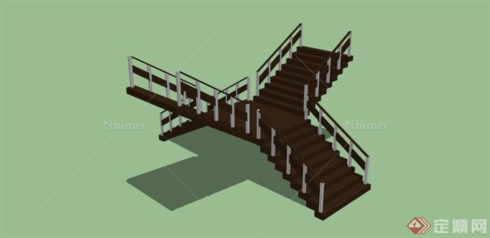 现代中式深色木制楼梯组合SU模型