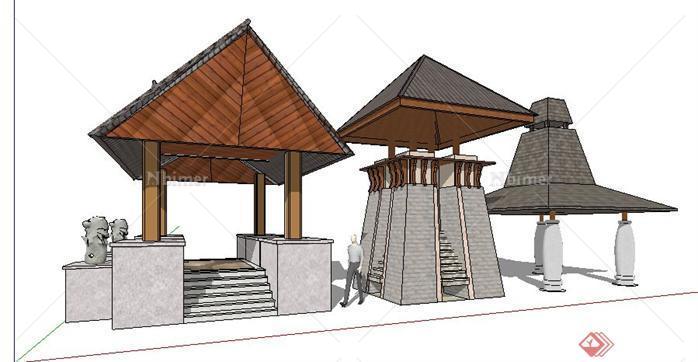 三款东南亚风格居住区景观亭设计SketchUp(SU)3D