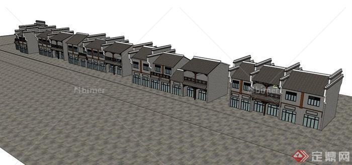 现代中式两层商业街建筑SU模型[原创]