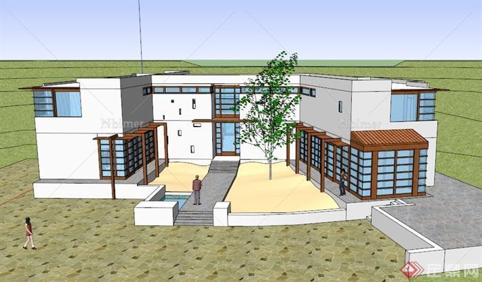 某现代两层郊外办公建筑设计SU模型