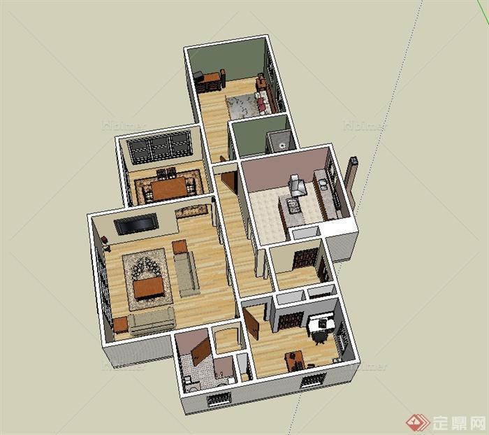 某现代住宅空间详细室内设计SU模型[原创]