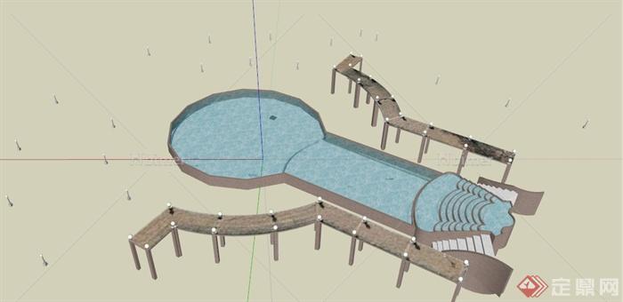 水池、旱喷和木制栈道组合景观设计SU模型