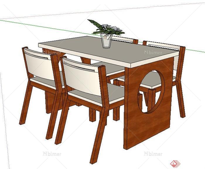 简约中式四人座餐桌椅su模型